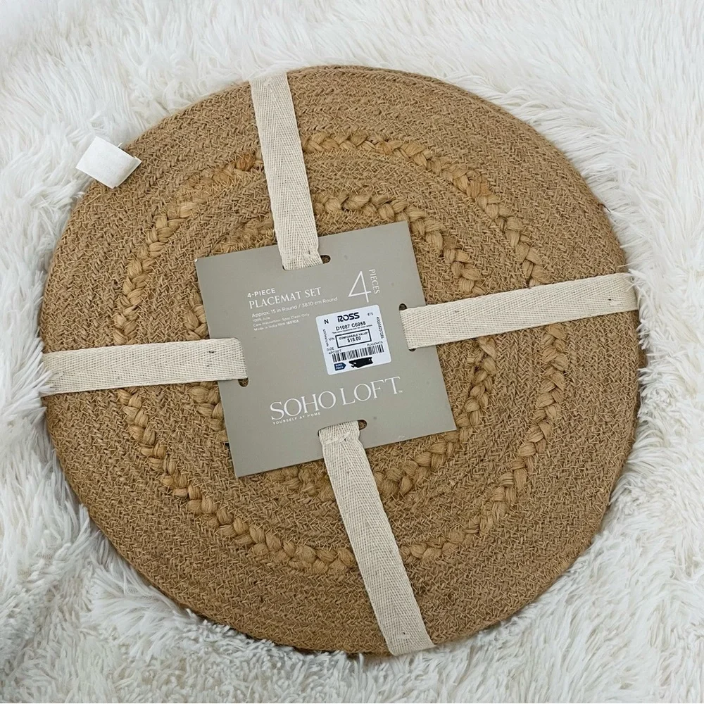 Soho Loft Jute 15” round placemats set of four NWT Boho Farmhouse